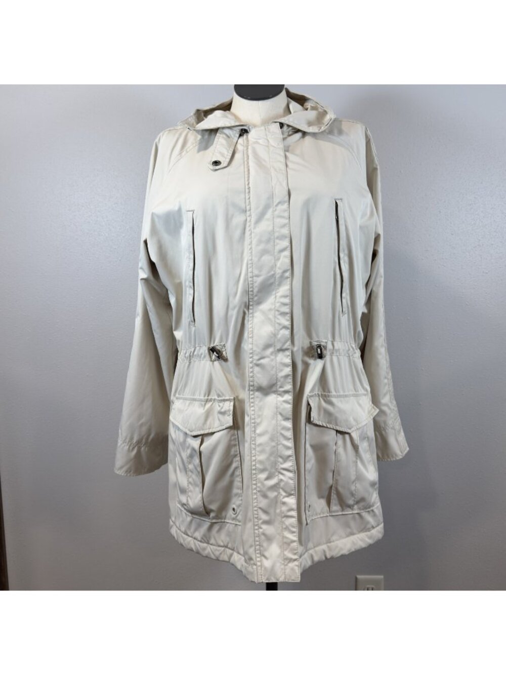 Gap Jacket Concealed Hood Womens Size XL Light Khaki Quilted Liner Snap Zip